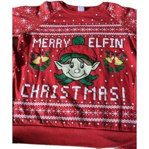 Merry Elfin Christmas Elf Top Size Med Red With White Lettering Green‎ Glitter